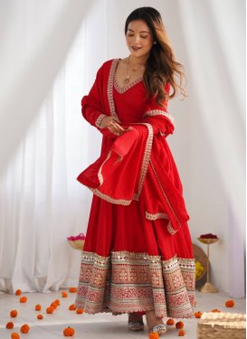 Vichitra Silk Anarkali Suit with Embroidered Work in Red for Festival