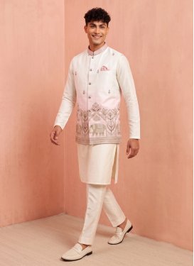 Off White and Pink Satin Silk Embroidered Work Kurta Pajama With Jacket for Men