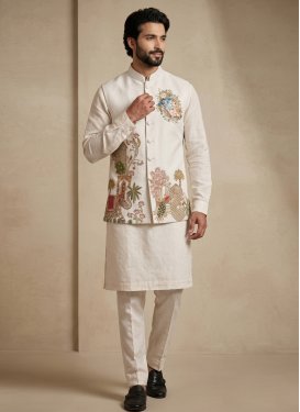Viscose Kurta Pajama With Jacket in Beige and Off White with Embroidered Work for Men