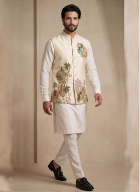 Embroidered Work Viscose Kurta Pajama With Jacket in Cream and Off White for Ceremonial