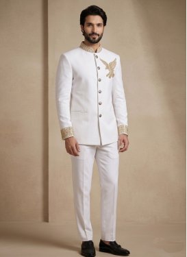 White Fancy Fabric Jodhpuri Suit with Beads Work for Festival