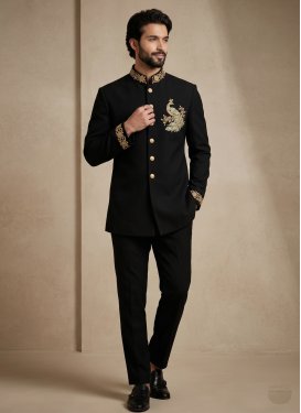 Fancy Fabric Jodhpuri Suit in Black with Beads Work for Festival