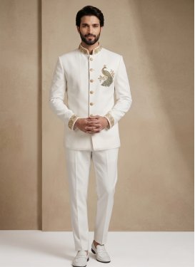 Beads Work Fancy Fabric Jodhpuri Suit in Off White for Festival