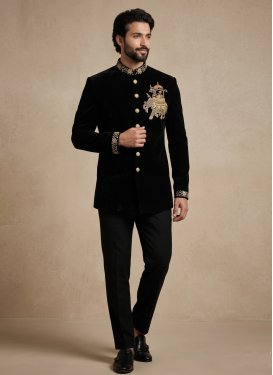 Fancy Fabric Jodhpuri Suit with Beads Work in Black