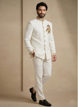 Beads Work Fancy Fabric Jodhpuri Suit in Off White for Men