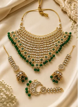 Gold Rodium Polish Green and White Necklace Set