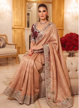 Embroidered Work Kanjivaram Silk Traditional Saree in Peach for Women