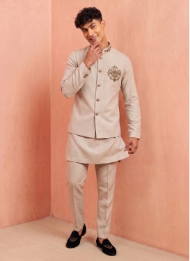Beige Linen Beads Work Kurta Pajama With Jacket for Men