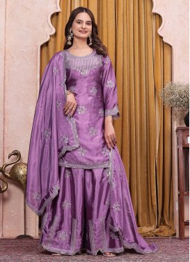 Embroidered Work Chinon Palazzo Suit in Violet for Women