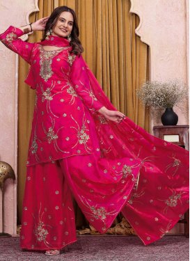 Embroidered Work Palazzo Suit For Festival in Rose Pink
