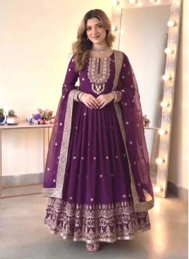 Georgette Anarkali Suit in Purple with Embroidered Work for Festival