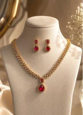 Fuchsia and White Gold Rodium Polish Stone Work Necklace Set