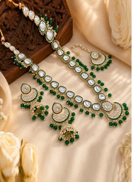 Gold Rodium Polish Green and White Beads Work Necklace Set