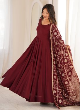 Chanderi Silk Anarkali Suit with Embroidered Work for Women in Maroon