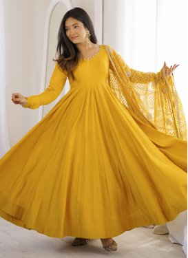 Embroidered Work Chanderi Silk Anarkali Suit in Mustard for Women