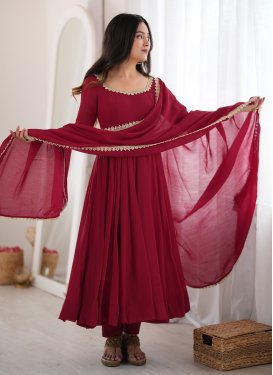 Beads Work Chanderi Silk Anarkali Suit in Red for Women