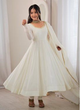 Chanderi Silk Anarkali Suit with Beads Work in Off White