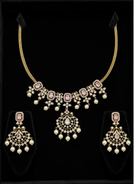Gold Rodium Polish Beads Work Alloy Pink and White Necklace Set For Festival