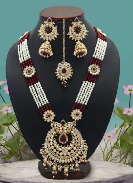 Maroon and White Beads Work Necklace Set For Bridal