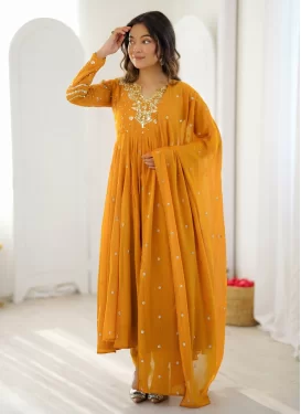 Mustard Georgette Embroidered Work Anarkali Suit for Women