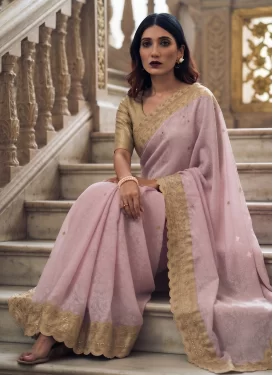 Kanjivaram Silk Traditional Saree with Embroidered Work for Ceremonial in Cream and Pink