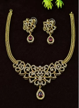 Gold Rodium Polish Magenta and White Necklace Set