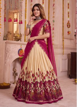 Tussar Silk Trendy Lehenga Choli with Digital Print Work in Cream and Fuchsia for Party