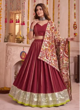 Gota Patti Work Chanderi Silk Readymade Lehenga Choli in Maroon for Ceremonial