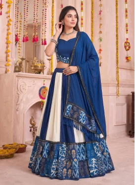 Rayon Readymade Lehenga Choli with Digital Print Work in Navy Blue and Off White