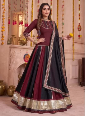 Chinon Readymade Lehenga Choli in Black and Red with Gota Patti Work for Festival