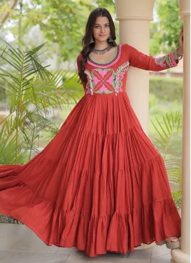 Embroidered Work Cotton Designer Gown in Orange for Women