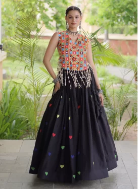 Black Cotton Readymade Lehenga Choli with Embroidered Work for Party