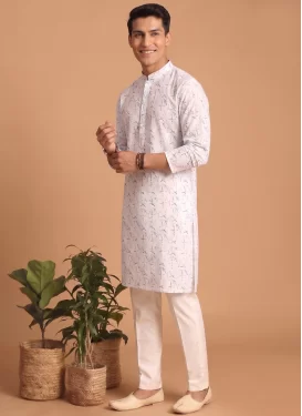Cotton Kurta Pajama in Off White with Digital Print Work for Ceremonial