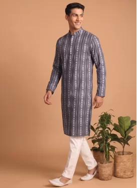 Cotton Kurta Pajama in Grey and Off White with Digital Print Work for Festival