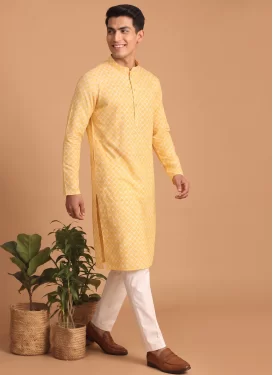 Cotton Kurta Pajama with Digital Print Work in White and Yellow for Ceremonial