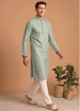 Turquoise and White Cotton Kurta Pajama with Digital Print Work for Festival