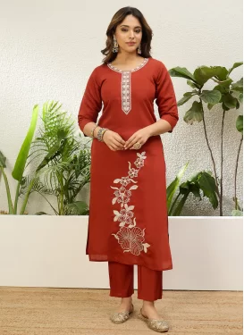 Silk Blend Readymade Salwar Suit with Embroidered Work in Red for Ceremonial