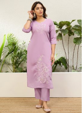Silk Blend Readymade Salwar Suit with Embroidered Work in Lavender
