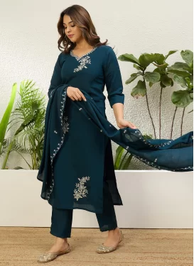 Silk Blend Readymade Salwar Suit in Teal with Embroidered Work for Ceremonial
