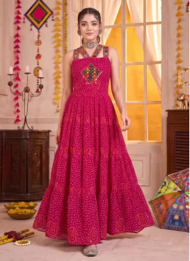 Georgette Designer Gown in Rose Pink with Bandhani Print Work for Women