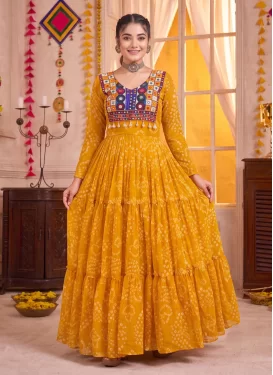 Bandhani Print Work Georgette Designer Gown in Mustard for Festival