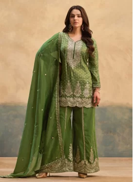 Viscose Palazzo Suit with Embroidered Work for Women in Green