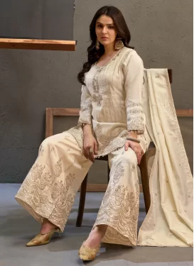 Beads Work Viscose Palazzo Suit in Off White for Festival