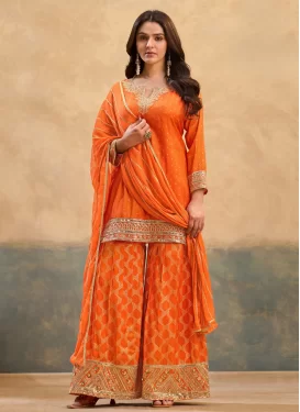 Embroidered Work Sharara Suit For Festival in Orange