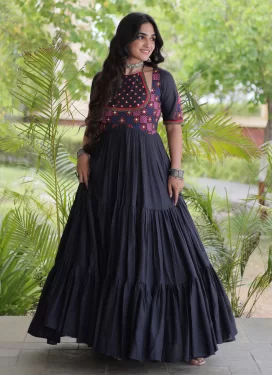 Embroidered Work Cotton Designer Gown in Black for Women