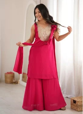 Silk Blend Palazzo Suit with Beads Work in Rose Pink