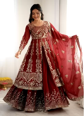 Crunchy Silk Readymade Lehenga Choli in Red with Embroidered Work for Festival