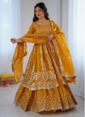 Embroidered Work Crunchy Silk Readymade Lehenga Choli in Mustard for Women