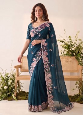 Poly Silk Classic Saree with Embroidered Work for Women in Teal
