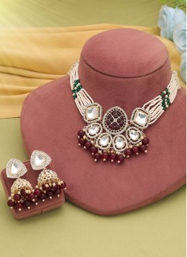 Gold Rodium Polish Maroon and White Beads Work Necklace Set